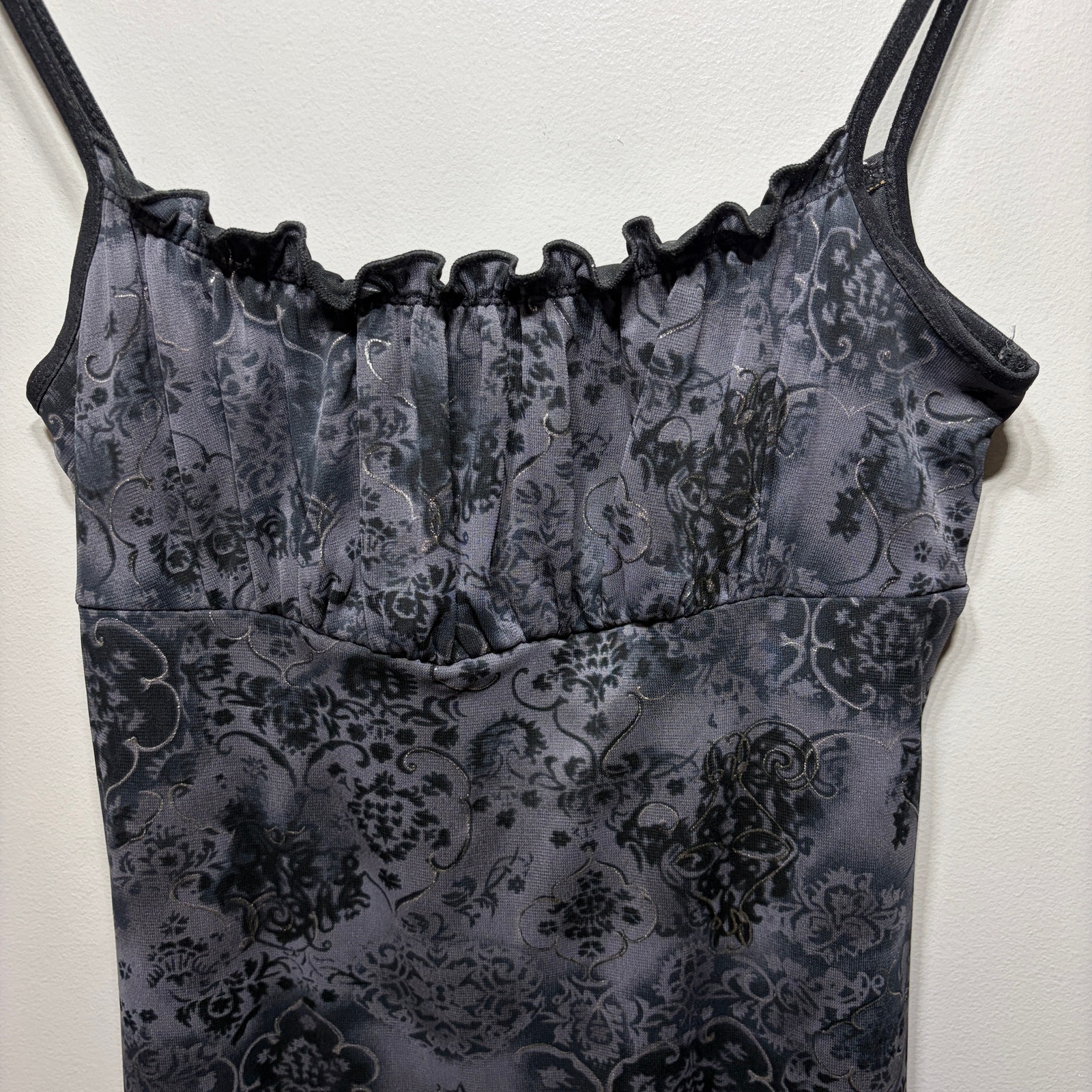 Vtg 90s Y2k Hana Dress Black Gray Floral Babydoll Silver Coquette Party Size L — image 3 of 8